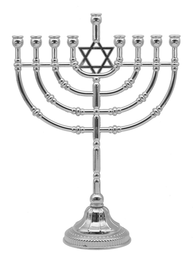 Ner Mitzvah Silvertone Candle Menorah for Chanukah - Traditional Rounded Branches, 9" High - Image 1